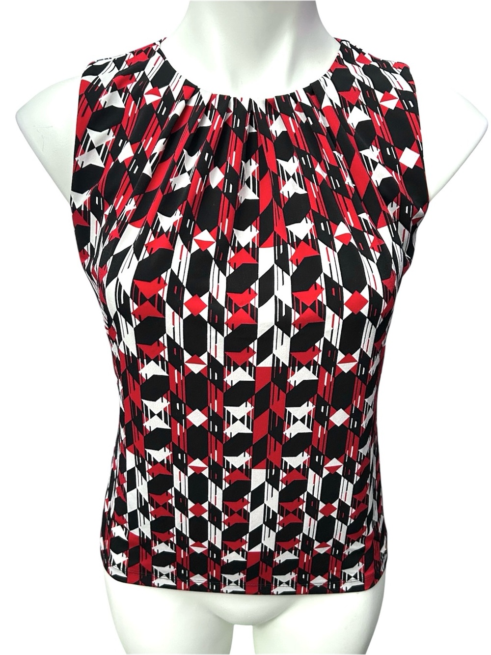 Calvin Klein Red Black & White Geometric Print Shell Blouse Tank - Small